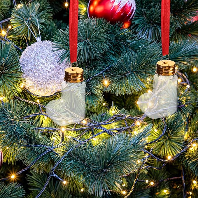 14pcs 50ml Pet Candy Bottles with Aluminum Caps and Red Hanging Strings – Sock-shaped Christmas Ornament Containers for DIY Holiday Tree Decorations and Candy Storage