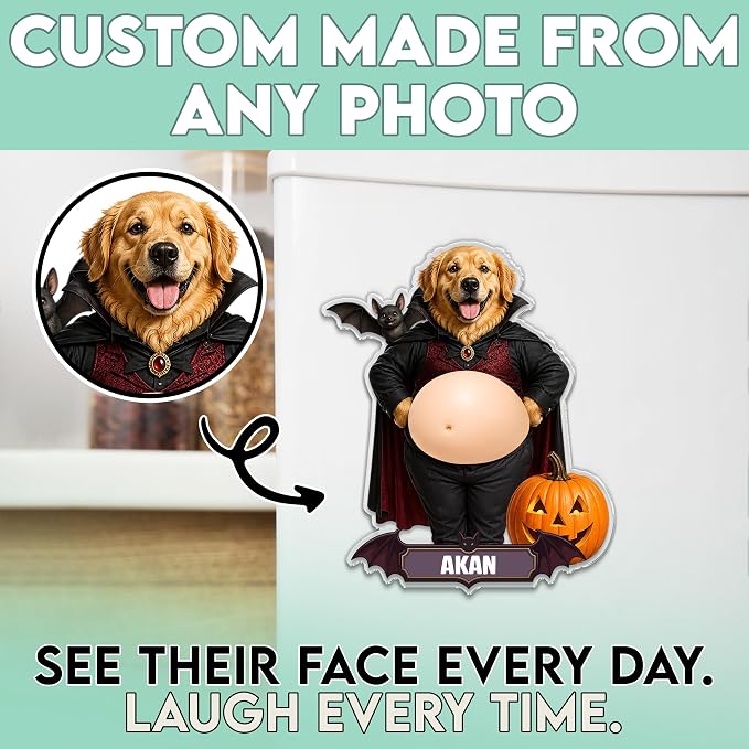 Customized Pet Halloween Photo Face Squishy Belly Fridge Magnet | Funny Custom Pet Face Character with Halloween Outfit, Personalized Name and Acrylic Gift for Dog and Cat Lovers