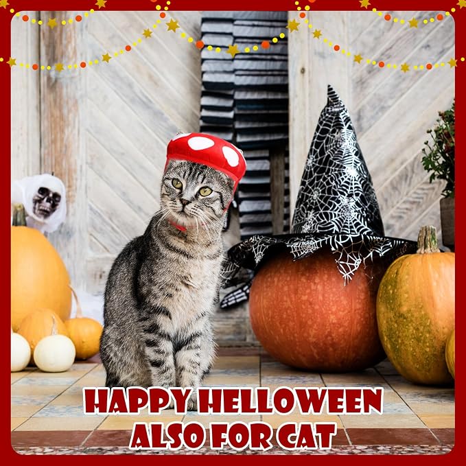 Huhumy Dog Mushroom Hat, Red White Dot Pet Costume for Halloween Christmas | Adjustable Chin Strap Fit, Cottagecore Party Accessory, Fits Cats and Small Dogs, Festive Holiday Cosplay Dress up Prop