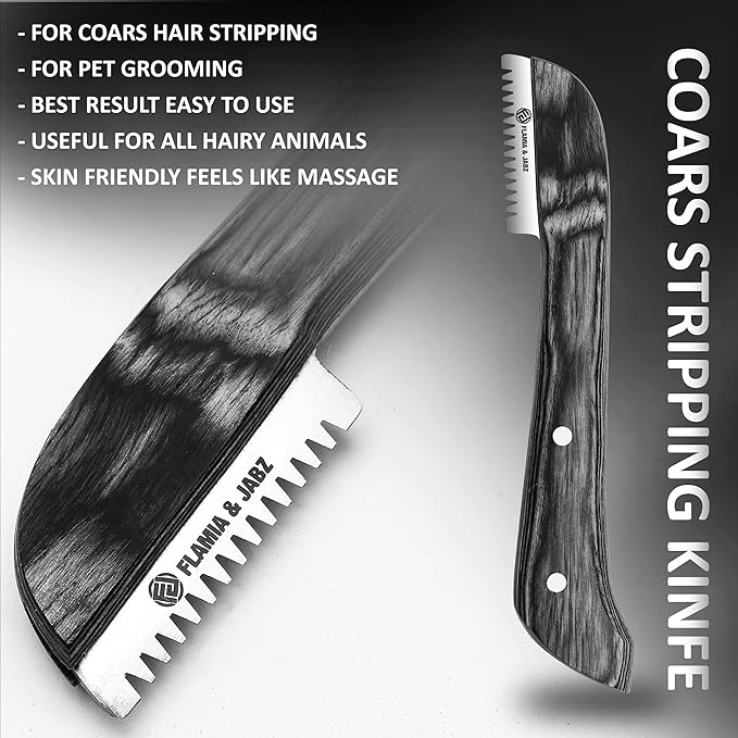 FJ Professional Stripping Knife kit (6 pieces set) for Dogs & Pets, Wooden Handle Grip with Stainless Steel Blade (Right handed) (Black)