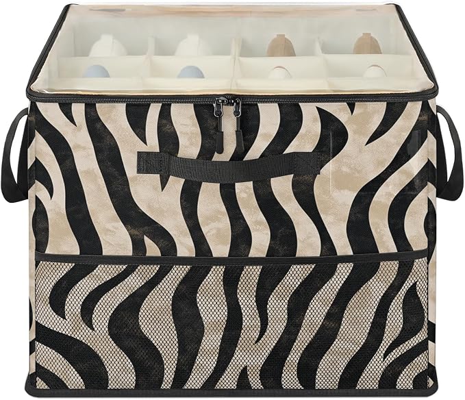 TropicalLife Zebra Print Shoe Organizer for Closet | Animal Skin Foldable Shoe Storage Organizer Box Bin with Adjustable Dividers and Clear Cover, Fits up to 16-32 Pairs