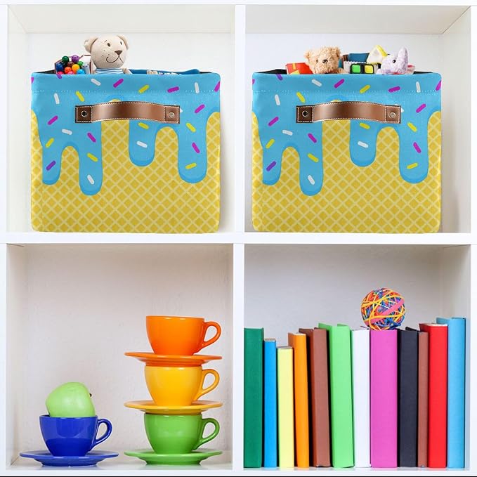 Wamika Ice Cream Drip Baseball Storage Basket with Waterproof Liner and PU Handles Blue Candy Storage Bins Boxes 14.2" Collapsible Decorative Organizer Baskets for Bedroom Closet Office 2 Pack