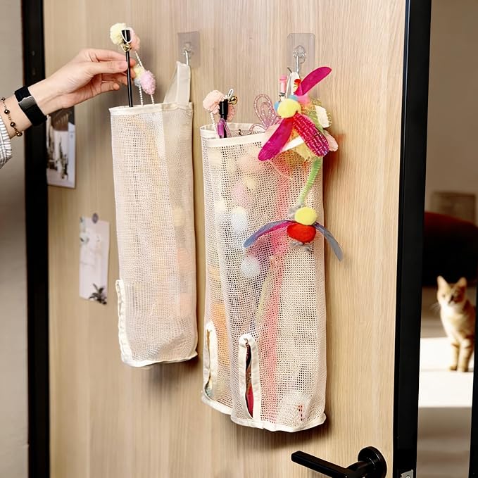2 Pack 15.16" Height Cat Wand Toy Organizer Storage Holder Bag, Not Suitable for Small Toys (w/ an Opening in the Bottom), Kitten Stick Toy Mesh for Cat Feather Toys Wall Hanging with Adhesive Hooks