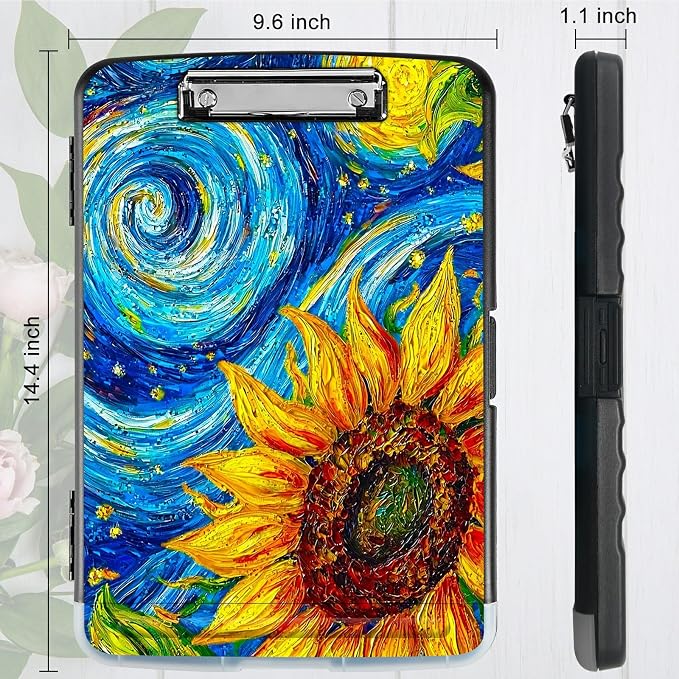 Starry Sunflower A4 Clipboard with Storage Pen Holder, Clipboards Organizer Nursing Clipboard Foldable File Folder Plastic Clipboard Folio Clip Board for Office Students Classroom Doctor