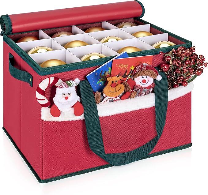 Christmas Ornament Storage Box with Adjustable Dividers Zippered Top Stores up to 36 Holiday Ornaments (4 Inch) Xmas Ball Decorations Organizer Storage Container Bin
