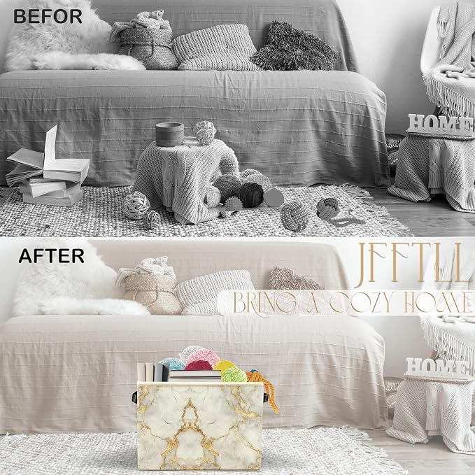 White Gold Marble Storage Bins with Handles, Modern Room Decor, Abstract White Marble Texture Collapsible Laundry Basket Storage Box for Home Bedroom Bathroom Clothes Toys Books
