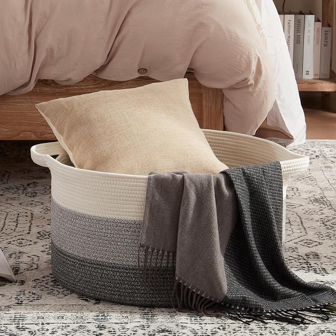 OIAHOMY 90L Extra Large Blanket Basket - Decorative Cotton Rope Storage Basket for Bedroom, Living Room & Nursery - Woven Laundry Hamper for Organizing Blankets, Clothes & Toys - Gradient Grey