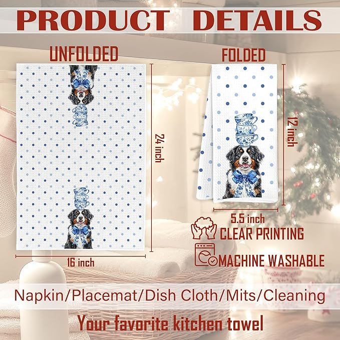 Blue and White Chinoiserie Bernese Mountain Dog Kitchen Towels, Bernese Mountain Dog Gifts Dish Tea Towels, Coquette Bow Cute Dogs Polka Dot Decorative Hand Towel for Bathroom, 16x24 Inch