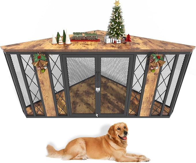 Spacesea Extra Large Corner Dog Crate Furniture, Heavy Duty Indoor Dog Kennel, End Table & TV Stand in 1, Chew-Proof Metal, Retro Brown Wood Panels, Space Saving Large Breed Dog Cage for Living Room
