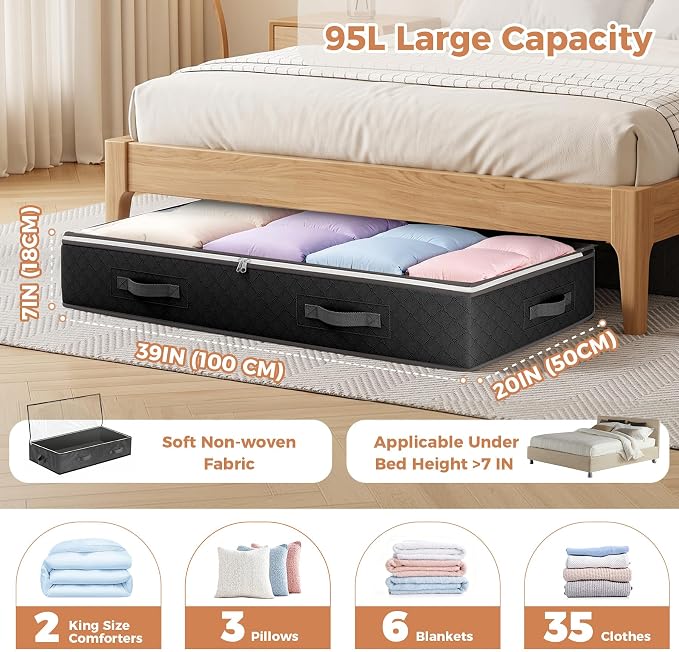 95L Under Bed Storage Containers, 6 Pack Clothes Storage Bins | Foldable underbed storage bins for linen sheets, blanket, clothing, comforter, sweaters, pillows, wrapping paper, black