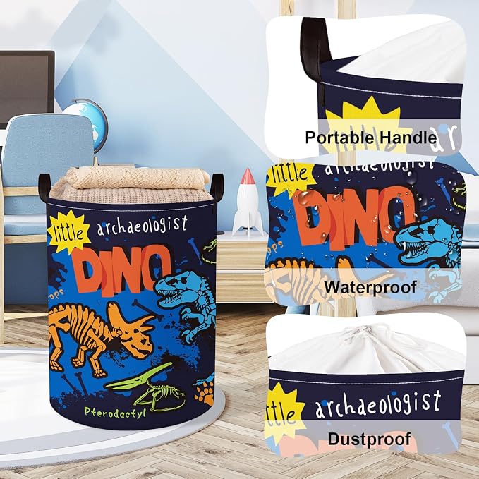 Clastyle Large Boho Dinosaur Pterosaur Boy Book Toy Storage Basket for Kid | Dino Skeleton Dirty Clothes Laundry Hamper, Colorful 45L Waterproof Nursery Playroom Bedroom Bathroom Shelf, Blue Dragon