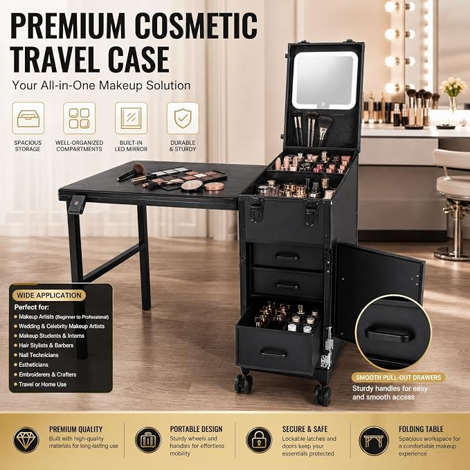 Rolling Makeup Case with 3 Drawers, Portable Manicure Table Lockable Makeup Train Case with Foldable Portable Nail Desk Cosmetic Travel Case with LED Light & Key for Hair Barbers/Stylists