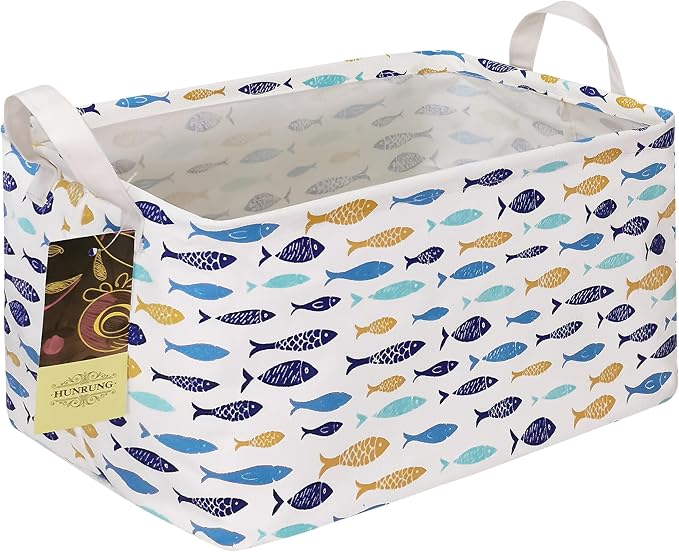 Rectangle Foldable Storage Basket Handles For Home, fish | Waterproof canvas material, reinforced handles, perfect for shelf use, organizes clothes, daily items and pet supplies