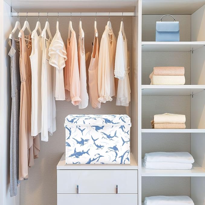 Fish Ocean Fabric Storage Bins with Lid Foldable Storage Boxes 40L Baskets | Decorative Storage Boxes, 300D Oxford Cloth, Hollow Board Frame, Flip Top Velcro Lid, 16.5x12.6x11.8 inch, Collapsible Design