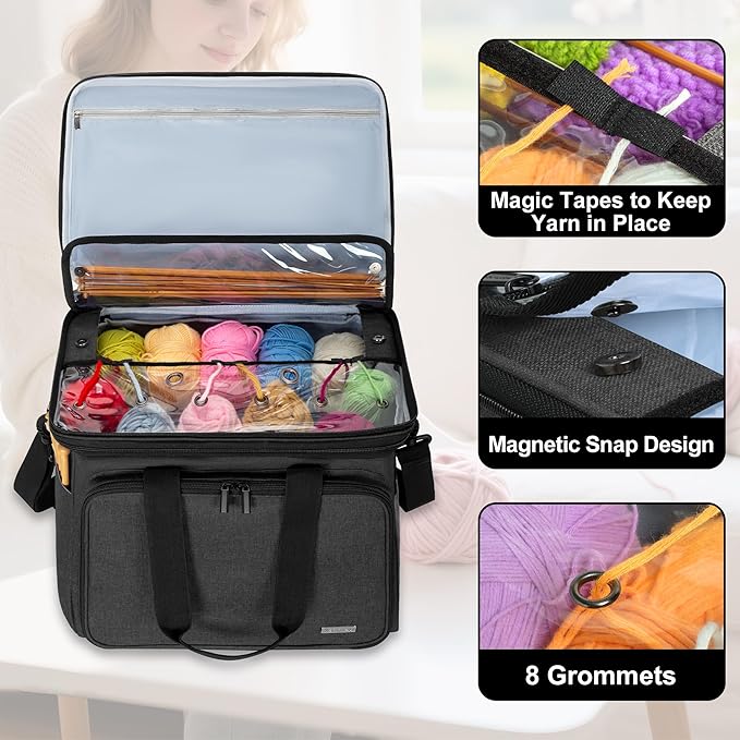 Teamoy Crochet Bag, Knitting Bag Yarn Storage Tote, Yarn Organizer, Black | Yarn Holder for Crocheting, with Inner Divider and Cover, for Yarn Skeins, Project, Knitting Needles, and Crochet Supplies