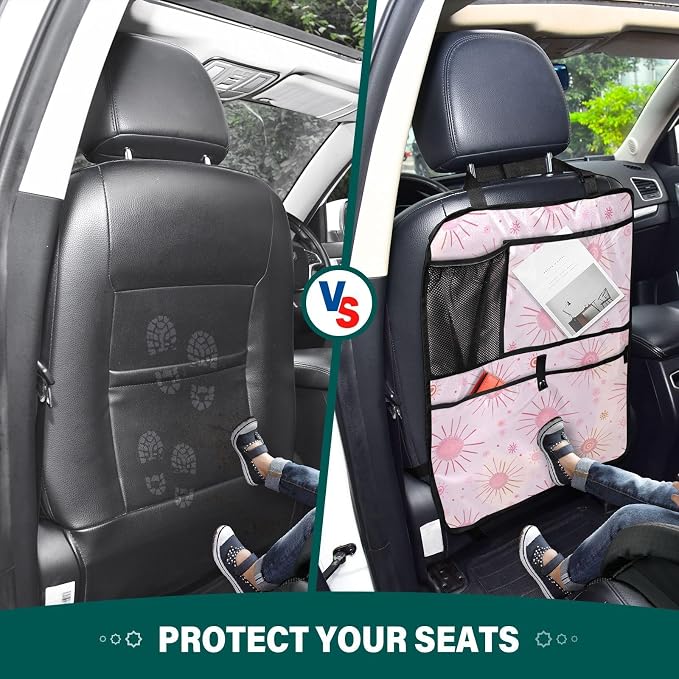 JIPONI Car Backseat Organizer, Pink Suns Automotive Back Seat Protector, Kick Mats with Storage Pockets for Kids Pets, Road Trip Accessories