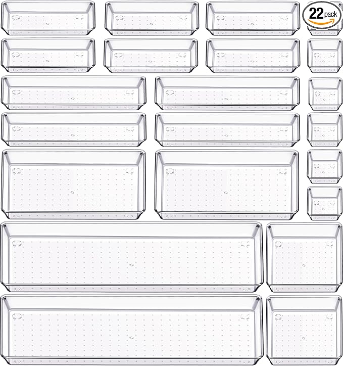 22 Pcs Drawer Organizer Bins, Acrylic Non Slip Kitchen Drawer Organizers Storage Tray Divider, Multifunctional Storage for Cosmetics, Bathroom, Tools, Kitchen and Office