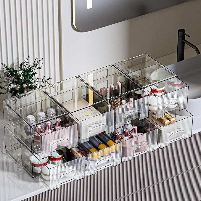 ZHIAI 8 Pack Clear Stackable Storage Drawer, Acrylic Drawer, Cosmetic Organizer, Plastic Organizer for Dresser, Under, Kitchen Cabinet, Pantry, Home Organization and Storage
