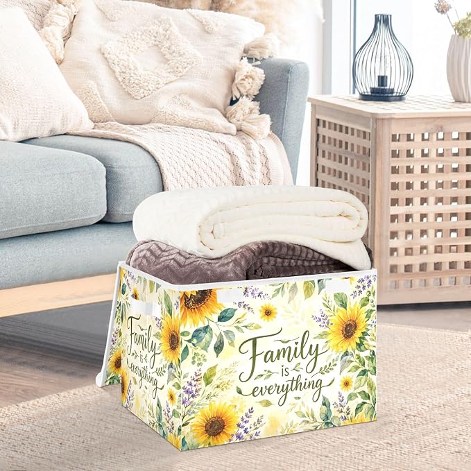 Sunflower Fabric Storage Bins with Lid Foldable Storage Boxes 40L Baskets | Foldable & Stackable, Flip Top Dust Guard, Reinforced Handles, Home & Bedroom, Clothes & Toys, Oxford Print Basket