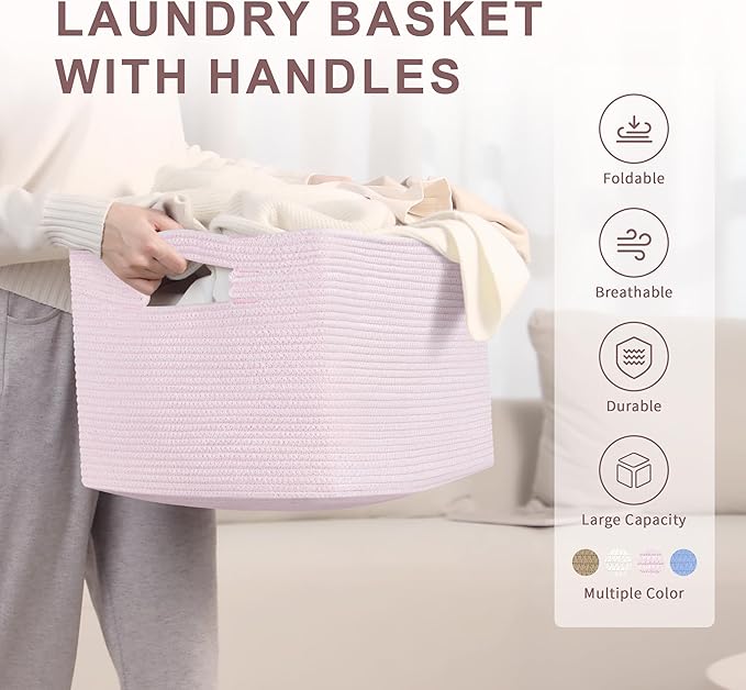 60L Woven Laundry Basket Hamper with Handles, Pink | collapsible wicker hamper, storage for dirty clothes, toys, blankets, gifts, living room, bedroom, bathroom, 21"x15"x11"