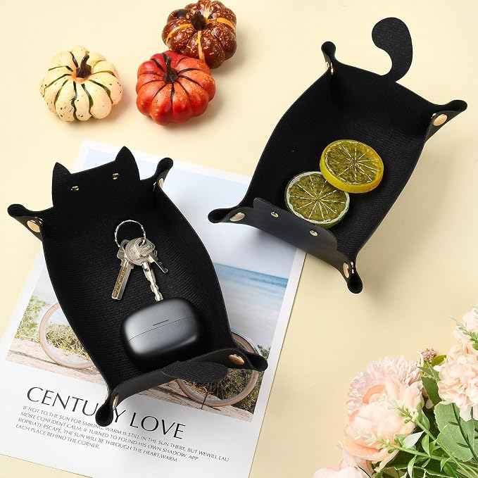 Craftdady 4 PCS Foldable Cat-Shaped Valet Tray Black Leather Catch All Tray