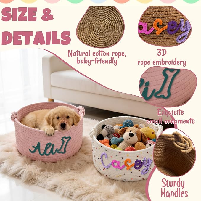 Personalized Dog Cat Toy Basket with Handles Custom Embroidery Name Cotton Rope Pet Toy Organizer Customized Puppy Kitten Toy Storage Bins for Pet Supplies Clothing Birthday Gifts