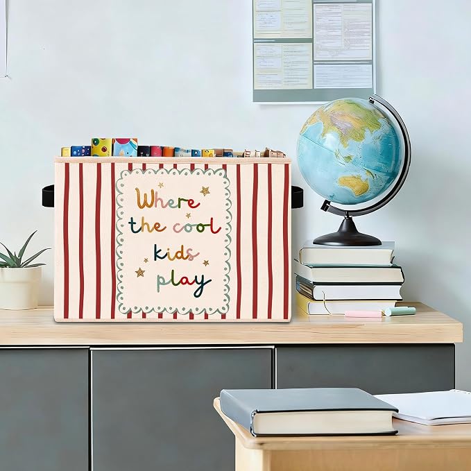 Cool Quote Storage Bin, Red Stripe Foldable Fabric Basket | Red stripe quote fabric organizer for nursery, bedroom, playroom, toys, books, and clothes