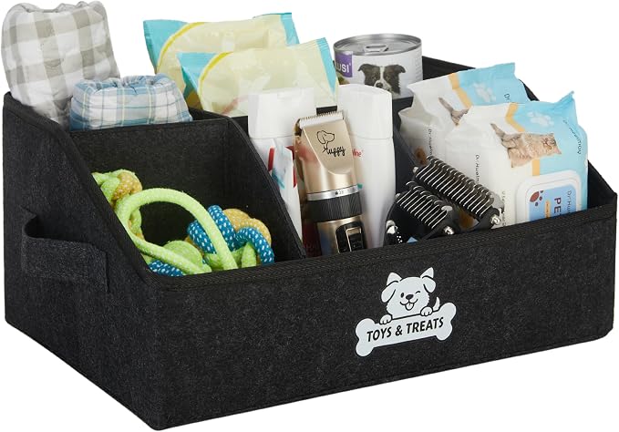 Dog Treat Container with Removable Dividers, Dog Treat Storage and Organizer for Countertop, Collapsible Pet Treats Containers, Dog Toy Basket for Pet Supplies and Treats (Dark Grey)