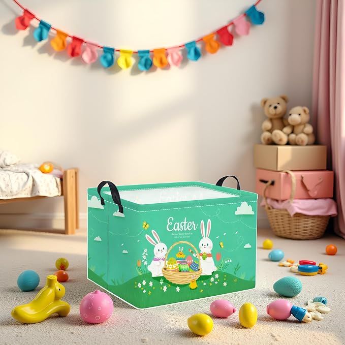 Rectangular Easter Basket for Home Kitchen Baby Girls Basket Cute Storage Bin Organizer Shelf Book Room Decor(Green Cute Bunny)