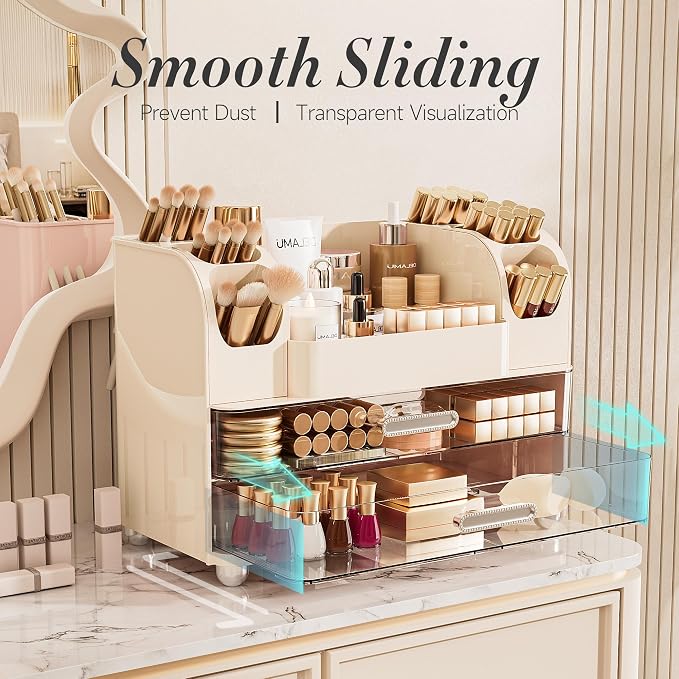 Delamu Large Makeup Organizer Countertop with 6 Brush Holders, Cream White