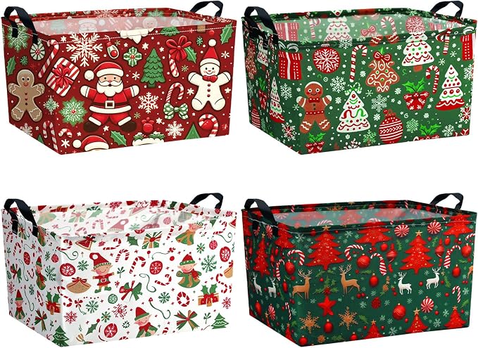 4pcs Christmas Storage Basket Fabric Laundry Baskets with Handle Xmas Foldable Organizer Boxes for Office Home Baby Cloth Toy Book 15 x 10 x 8(Retro)