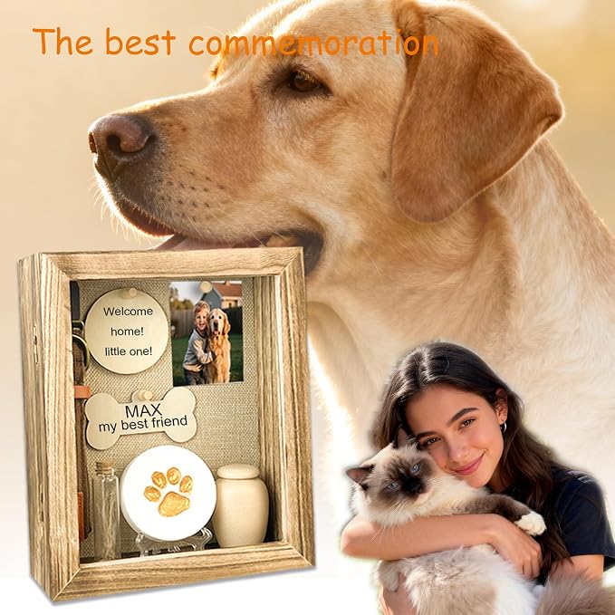 Pet Memorial Shadow Box 8x10 Solid Wood Brown Urn Ashes Display Case with Paw Print Kit Dog Memorial Keepsake Gift for Loss of Pet