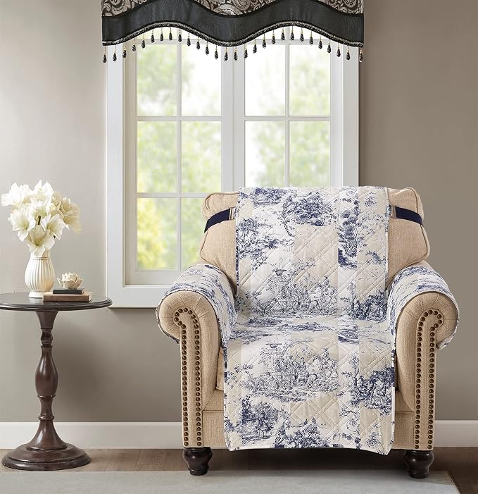 Brilliant Sunshine Blue Toile Couch Armchair Cover, Beige Ivory, 23" seat | Quilted Sofa Cover, Living Room & Bedroom Furniture Protector, Washable Chair Slipcover for Pets, Dogs & Cats