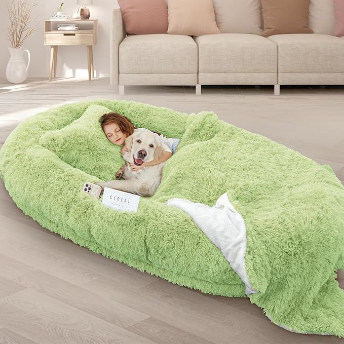 ROOMTEC Human Dog Bed, 78''x51''x12'' Size Fits Adult and Pet Washable Giant People Bed 10 CM Thick Memory Foam Large Oversize Pet Bed with Plump Pillow, Blanket, Strap - Green