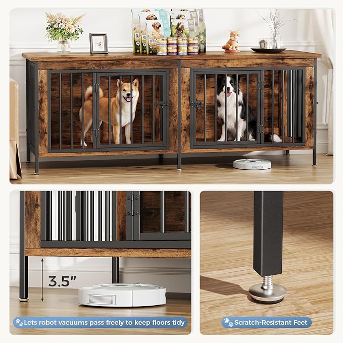 DUMOS 63" Dog Crate Furniture for 2 Dogs with Divider, Rustic Brown | Wooden Dog Kennel Furniture, Medium Breed Center Divider and Double Doors, Heavy Duty Indoor Dog Cage, TV Stand, Side Table