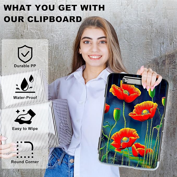 Artistic Red Flower A4 Clipboard with Storage Pen Holder, Clipboards Organizer Nursing Clipboard Foldable File Folder Plastic Clipboard Folio Clip Board for Office Students Classroom Doctor