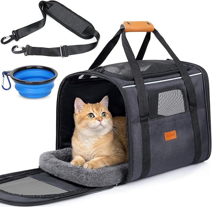 Morpilot Pet Carrier for Large Cats, Puppies & Small Dogs Up to 25lbs | Escape-Proof with Locking Zippers, Dual-Sided Cushion, Safety Buckle for Car & Vet Travel, Includes Foldable Bowl (Dark Gray)