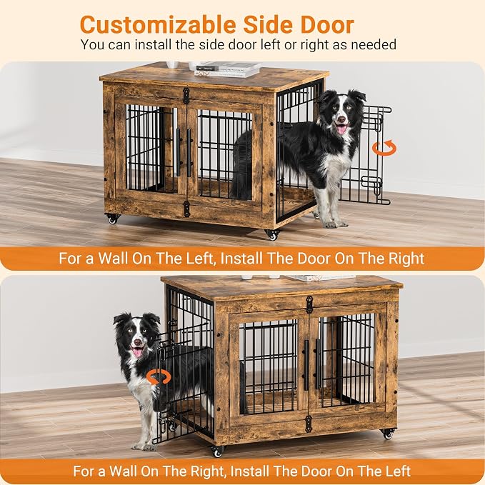 2 Pack Dog Crate Furniture, 32'' Heavy Duty Kennel with Cushion & Wheels | Rustic Brown, Double Doors, Wooden Dog Cage, Chew-Resistant, End Table, Decorative, 27"/32"/38"/44" Options, Indoor