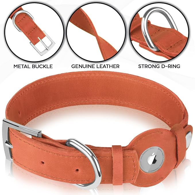 Leather Dog Collar with Airtag Holder - Apple Air Tag Dog Collars - Soft Tracking GPS Pet Collar for Small Medium Large Dogs Breed Puppy (Tawny, M, 12"-15" Neck Fit)