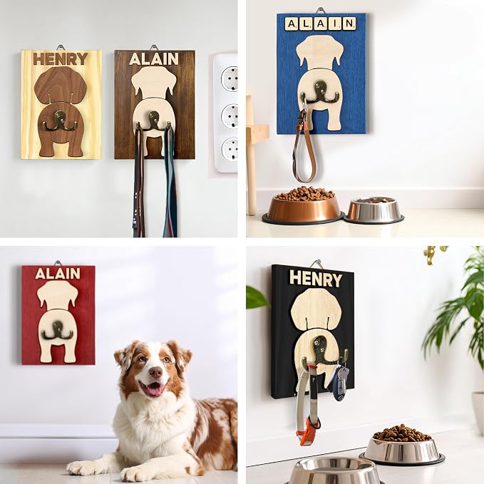 Personalized Dog Leash Holder, Custom Dog Butt Harness Wall Hanger Organizer with Name, Hooks for Leashes, Keys, Collars, Funny Leash Rack Wall Mount for Entryway, Gift for Pet Lovers, Home Décor