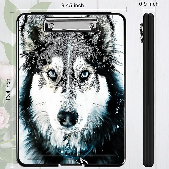Heavy Duty Storage Clipboard, Slim Nursing Clipboard with Internal Pen Case, Portable File Organizer Case for A4 Letter Size Paper Office Medical Professionals, Huskies in Snow