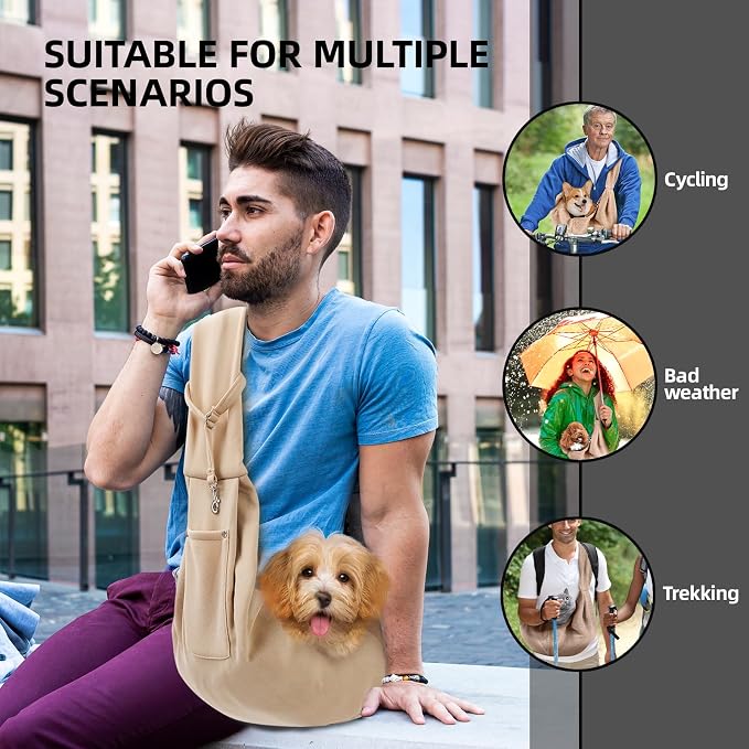 ARZQUT Dog and Cats Carrier Sling, Small Pet Carrier with Storage Pocket | Reversible Puppy Sling Carrier, Safety Buckle, Storage bag, Machine Washable for Travel, Outdoor Activitie, Hand-Free,Apricot