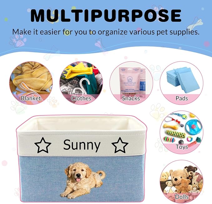 Amlion Personalized Dog Toy Basket Storage,Custom Pet Collapsible Bins with Name Photo Customized Box Organizer for Toys Dolls Clothing - Pink