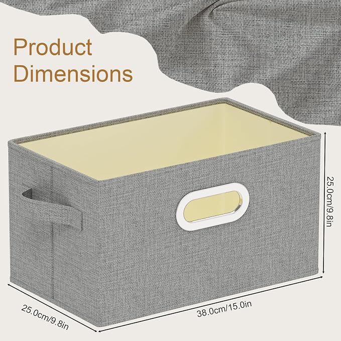 Washable Storage Box with Fabric Handle,Grey,15x9.8x9.8in,4 Pack | Open Storage Bins with Metal Grips,Moisture-Proof PP Board Closet Organizers,Foldable Cloth Baskets for Garment Cabinet