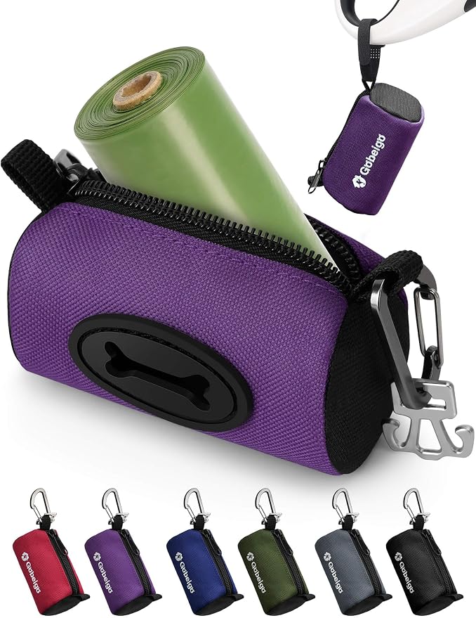 Gobeigo Dog Poop Bag Holder with Used Waste Bag Carrier(Purple) | Large Opening for Easy Dispensing, Carabiner & Hook-and-Loop Strap Fits Any Leash, Includes 15 Unscented Waste Bags