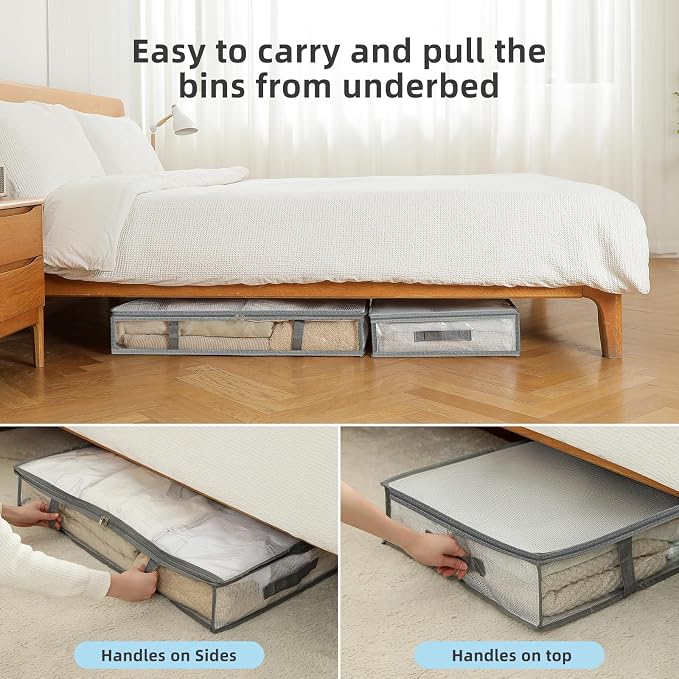 6 Pack Under Bed Storage Containers, Waterproof Material Plastic Underbed Storage Bins, Blanket/Clothes Storage Bags with Lid, Bedding Comforter/Sheet/Closet Organizer and Storage