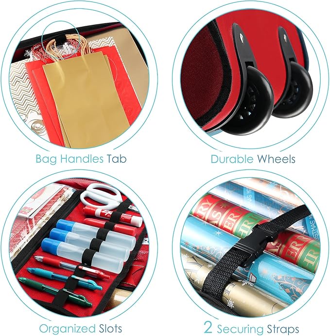 Hearth & Harbor Wrapping Paper Storage Container with Ribbon Dispenser and Interior Pockets - Large Christmas Storage Containers with Wheels, Fits 30 Rolls of 40" Length, Red