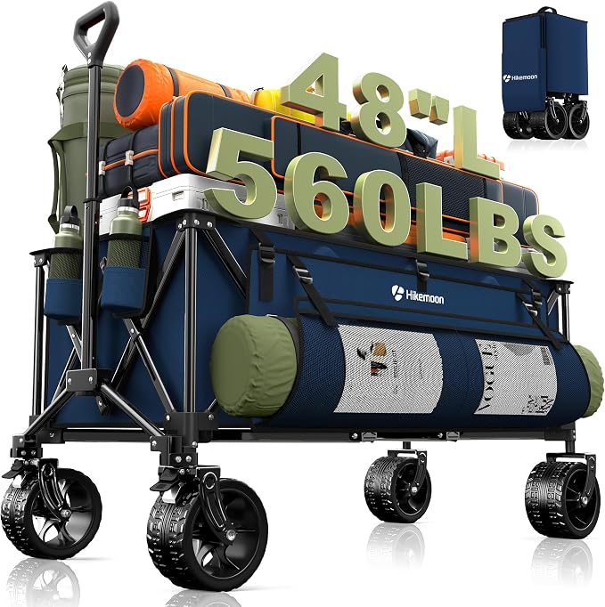 48'' Extra Large Collapsible Wagon with Big Wheels, 300L Blue | 560LBS Heavy Duty, Wagons Carts Foldable, All-Terrain, Brakes, Folding Cart, Utility for Beach/Camping/Garden/Sports/Grocery