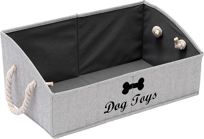 Large Dog Toys Storage Bins-Foldable Fabric Trapezoid Organizer Boxes with Weave Rope Handle,Collapsible Basket for Shelves,Dog Apparel(Striped Gray-Dog)