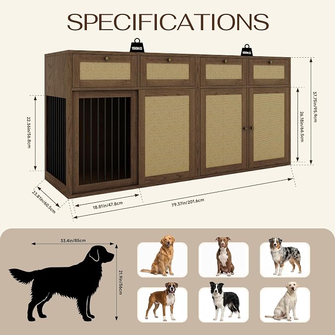 PureCozy 2-Piece Dog Crate Furniture, Left, 80 Inch, Dark Oak | Left-unit kennel with metal sliding door plus cane storage cabinet and 4 total drawers; furniture-style indoor console.